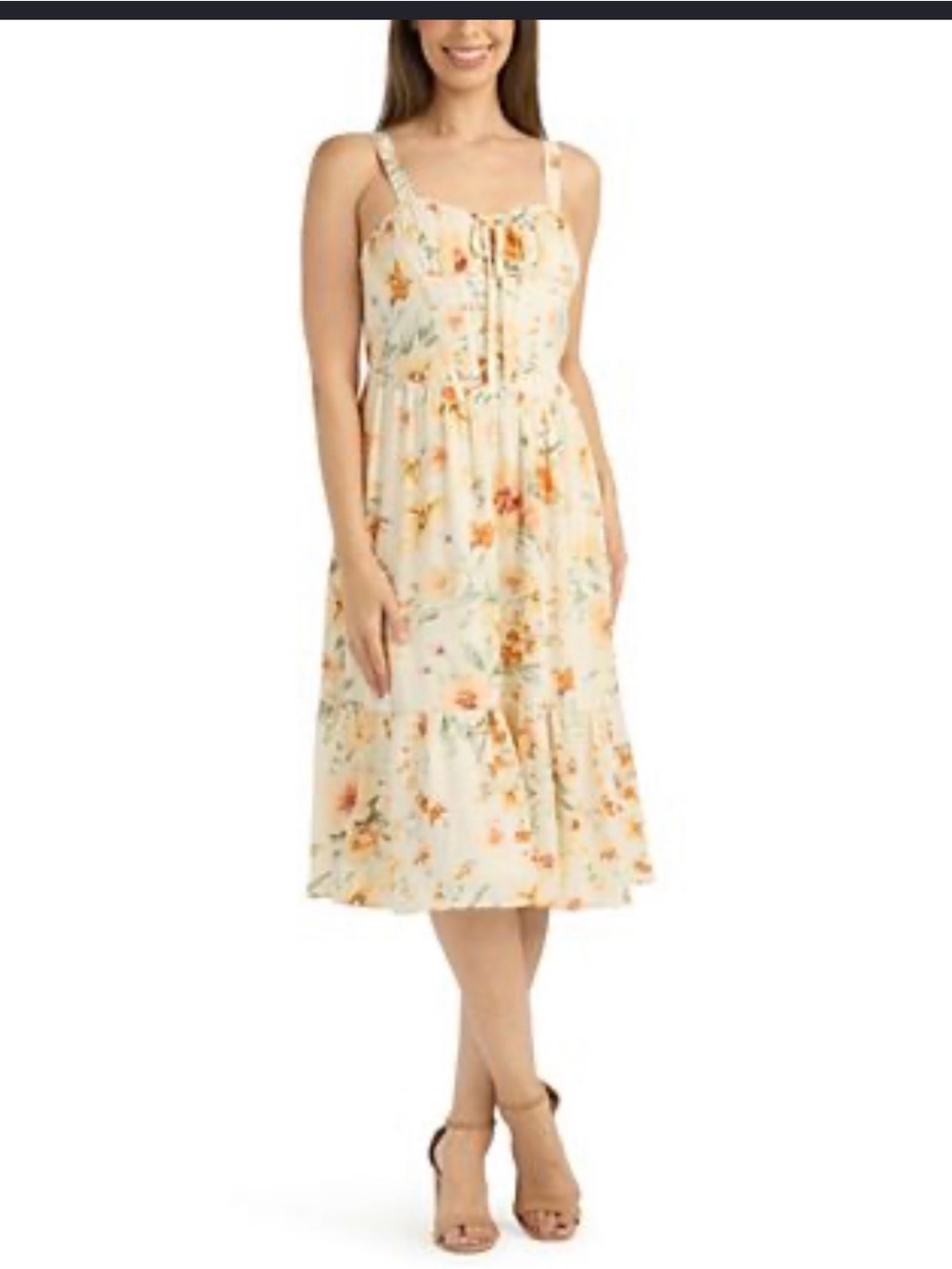 LoveShackFancy Floral Midi Dress in Cream and Orange